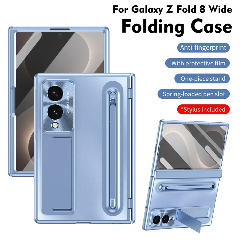 For Samsung Z Fold 8 Wide Case Kickstand Tempered Glass Film Pop-Up Pen Slot with Stylus Hinge Lens Protection Shockproof Cover