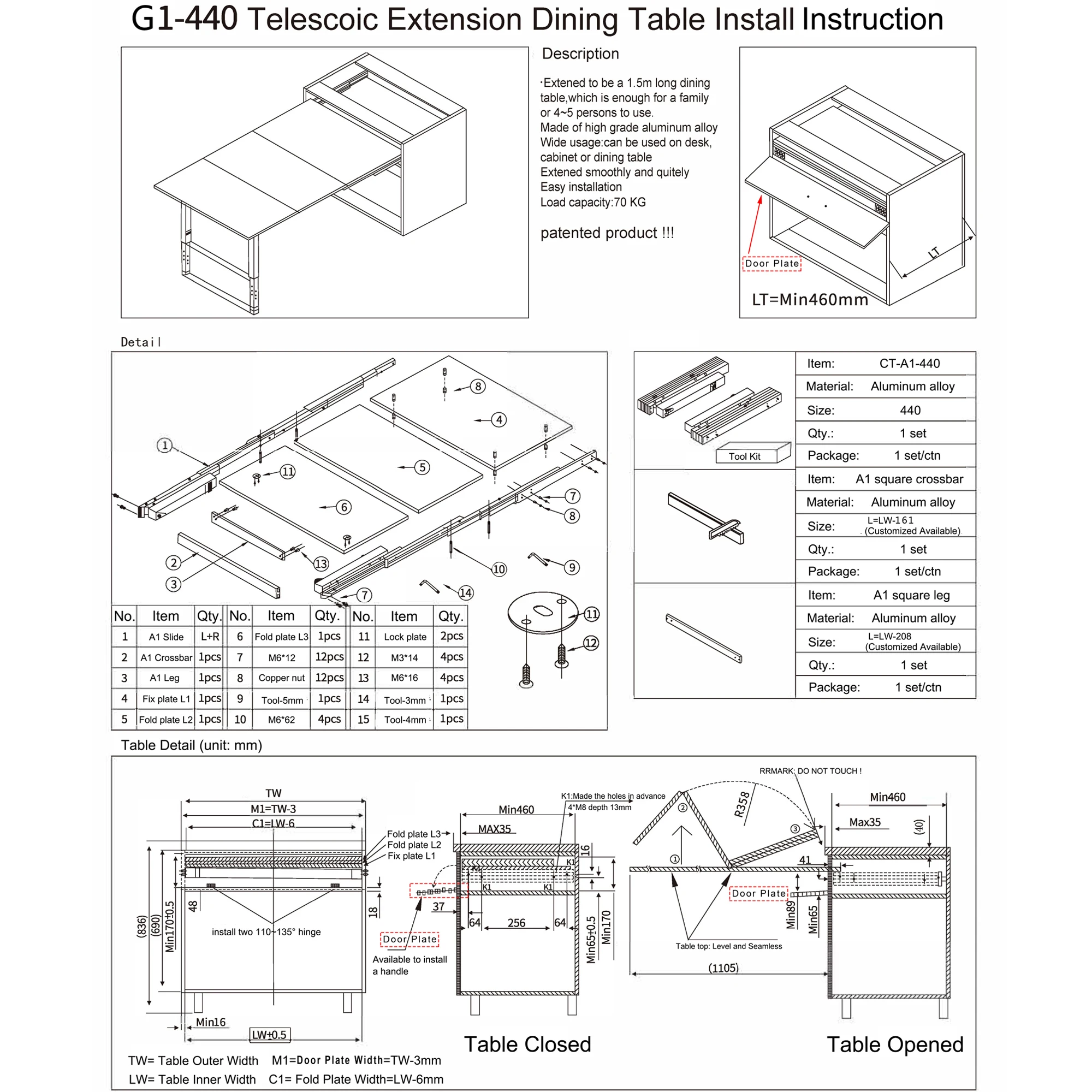 ROEASY 100% Extend 5 Fold Table Drawer Slide Channel Leg Support Five Section Telescopic Long Concealed Dining Table Slide Rails