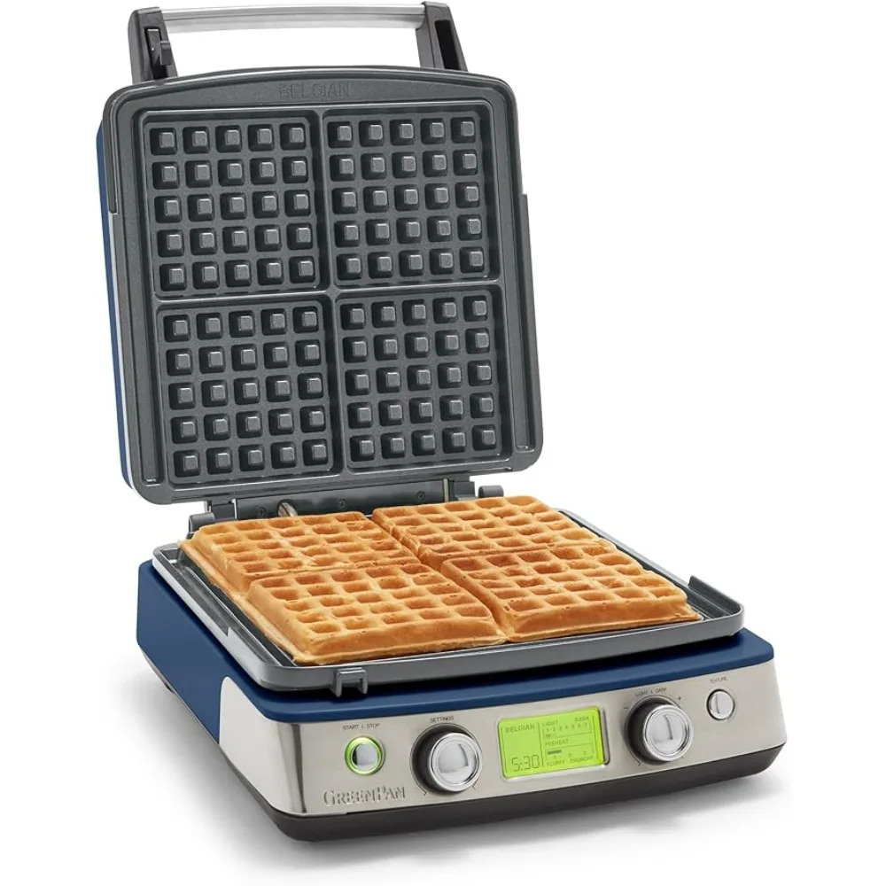 GreenPan Elite 4-Square Belgian & Classic Waffle Iron,  Control Wont Overflow Easy Clean,Breakfast,PFAS-Free,Oxford Blue