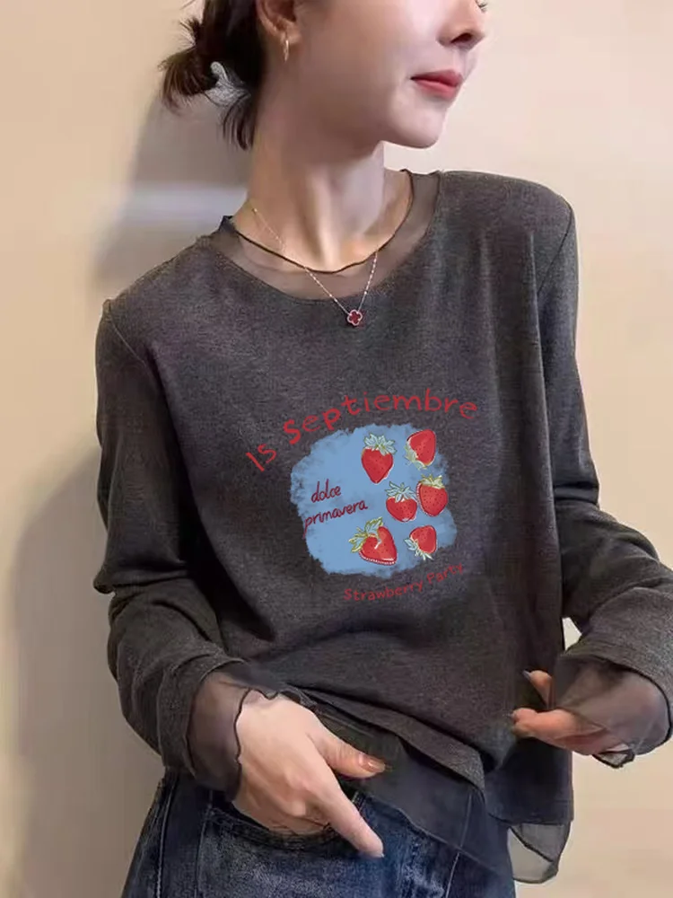 Korean Style Long Sleeve T-Shirt Women's Mesh Lace under Shirt Fashionable Versatile Slimming Top Commute Style Winter Season