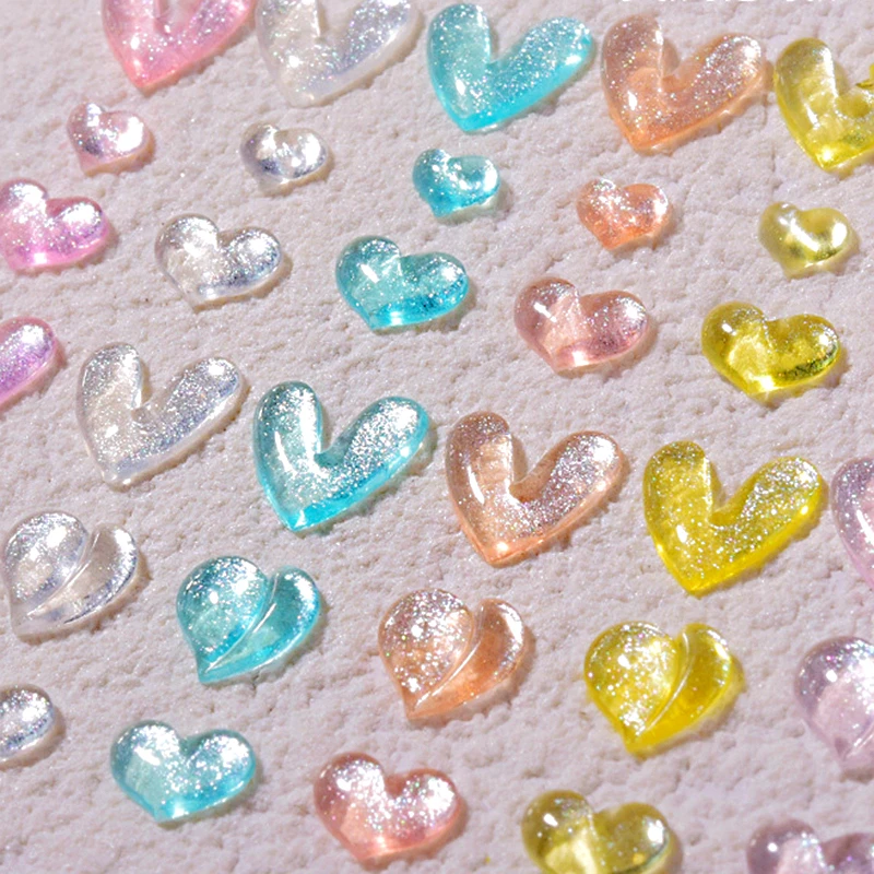 

60PCS Glitter Transparent 3D Resin Heart Nail Art Charms Flat Back Rhinestone Nail Decoration Supplies Manicure Accessories