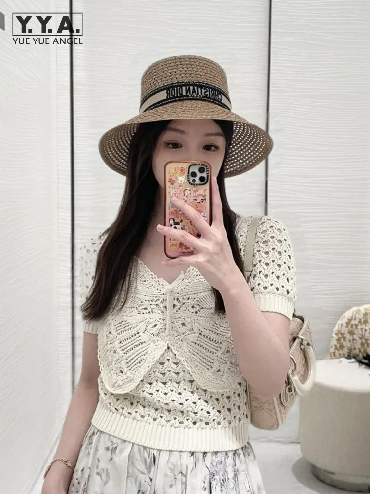 Sunmer Fashion Women French Style Butterfly Crochet Hollow Out See Through T-Shirt Knit Short Sleeve Pullover Hot Girl Sexy Tees