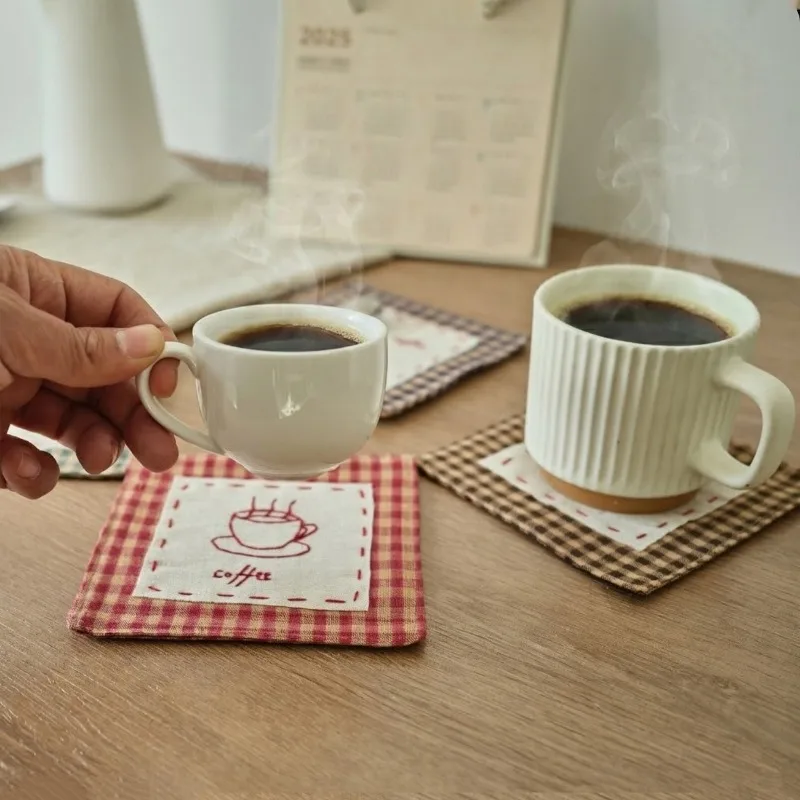 4PCS Cotton Linen Coffee Cup Mats Rustic Farmhouse Style Crochet Embroidery Coaster Absorbent Placemats for Kitchen Table Decor