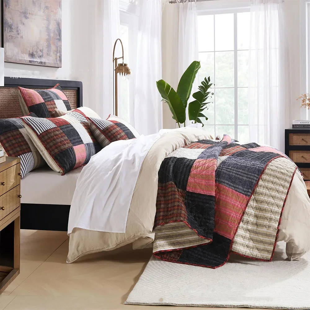 Checkered Pattern Patchwork Cotton Quilt Set 3PCS Bedspread on the Bed King Queen Size Quilted Coverlet Summer Comforter