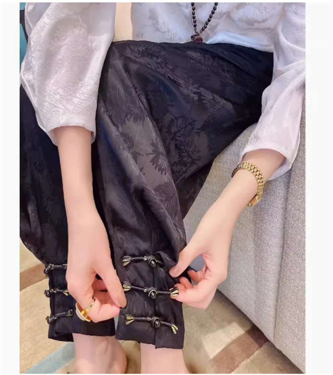 Casual pants, early spring new style, heavyweight imitation silk and linen jacquard Chinese black nine point harem pants