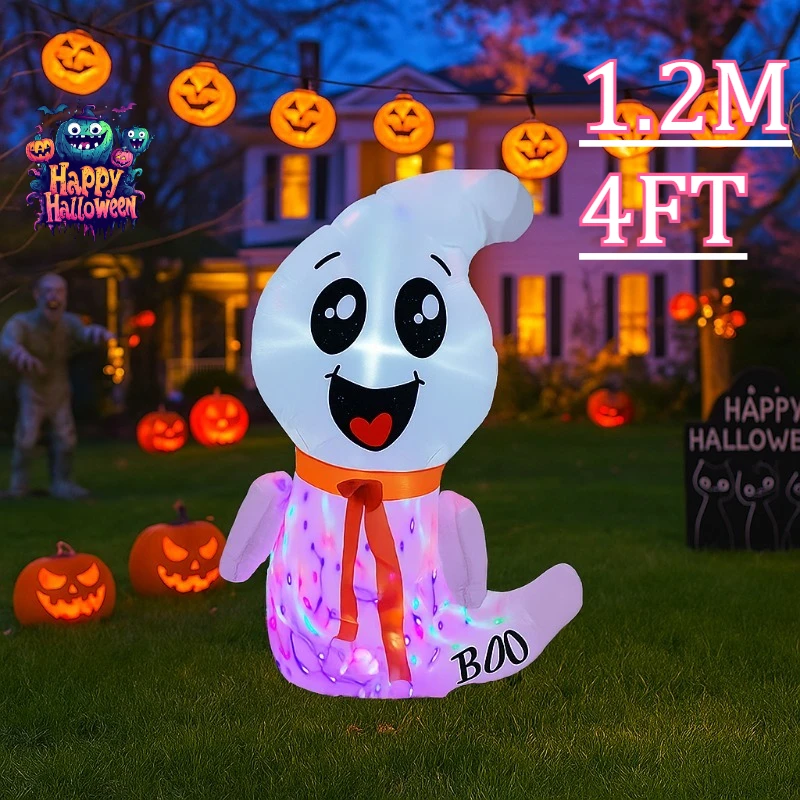 

4FT Outdoor Holiday Decorations Halloween Inflatable Toys White Ghost Halloween Ghost with Build-in Bright Light Decor Garden