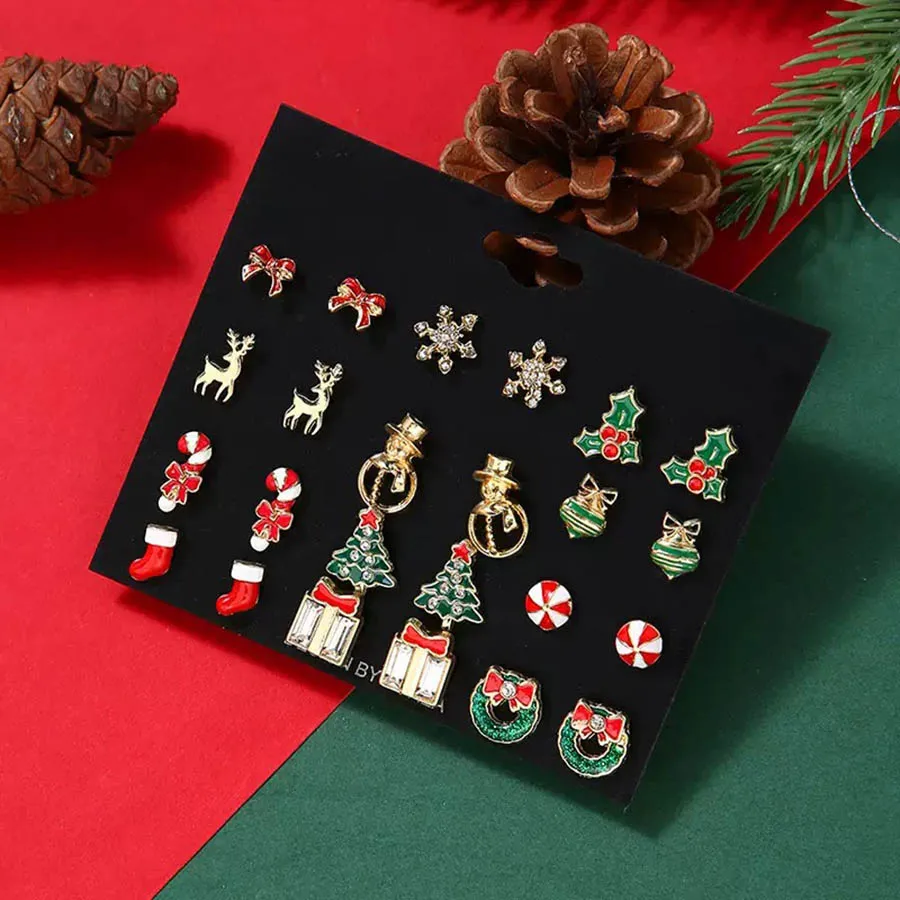 New Super Economical Earring Set 12 Pairs Per Pack Elk Snowman Socks Crutches Christmas Stud Ear Ring Pendant Casual Accessories