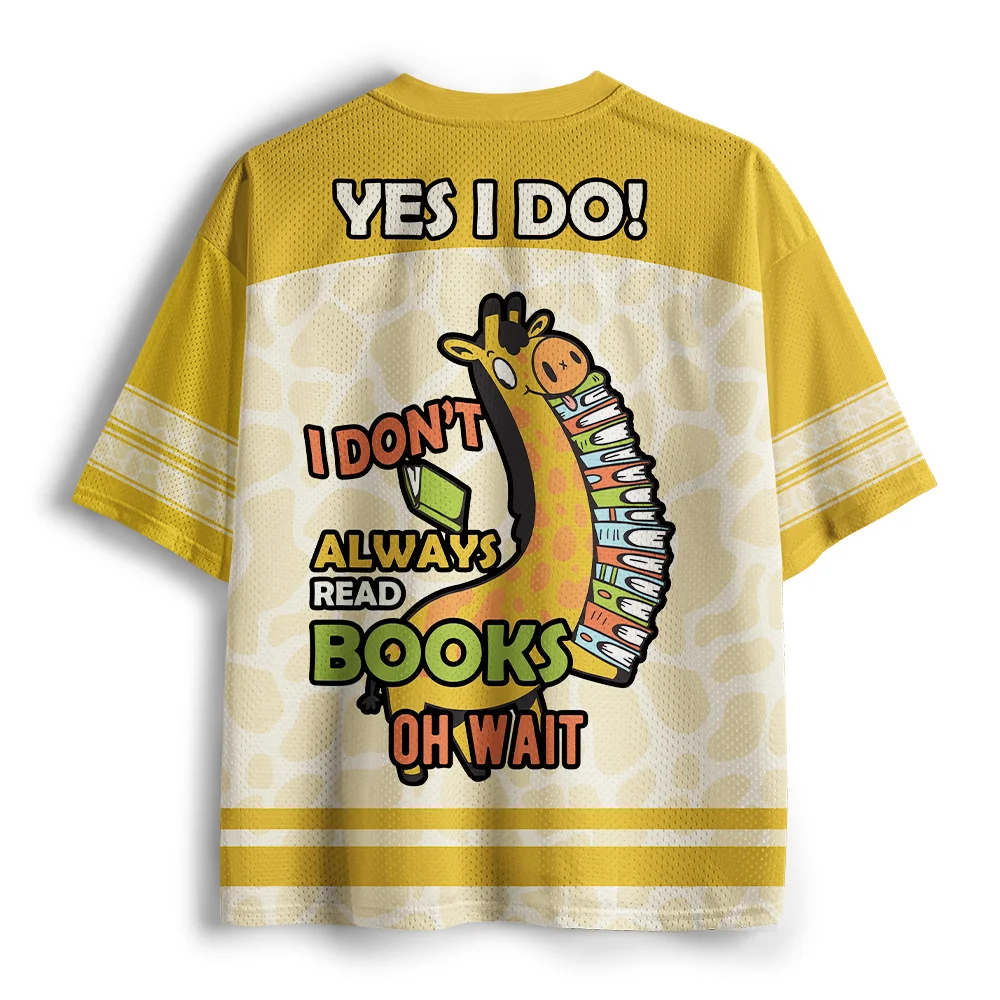 I Don't Always Read Books Giraffe Mesh Jersey Tee, Yellow Cartoon Giraffe Print V Neck Short Sleeve Casual Shirt