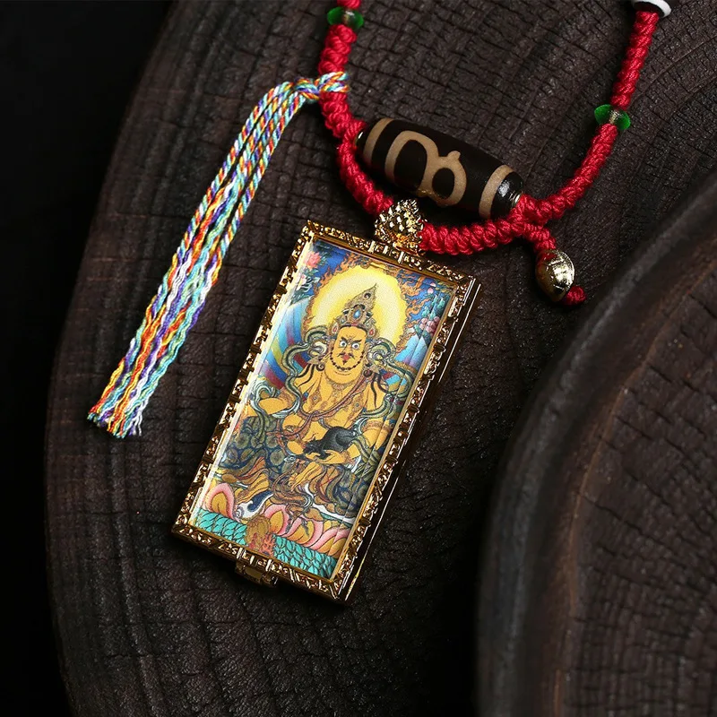 Yellow God of Wealth Thangka Buddha Pendant Sweater Chain Handmade Braided Hand-twisted Red Rope Necklace