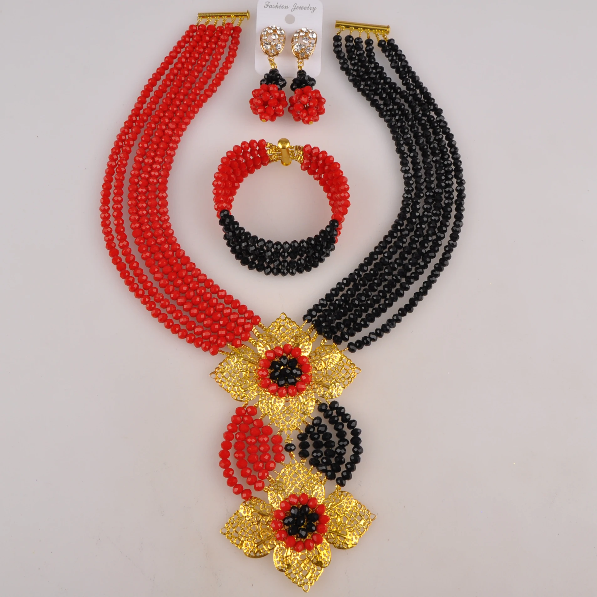 Opaque Red and Black Nigerian Wedding African Beads Jewelry Set Crystal