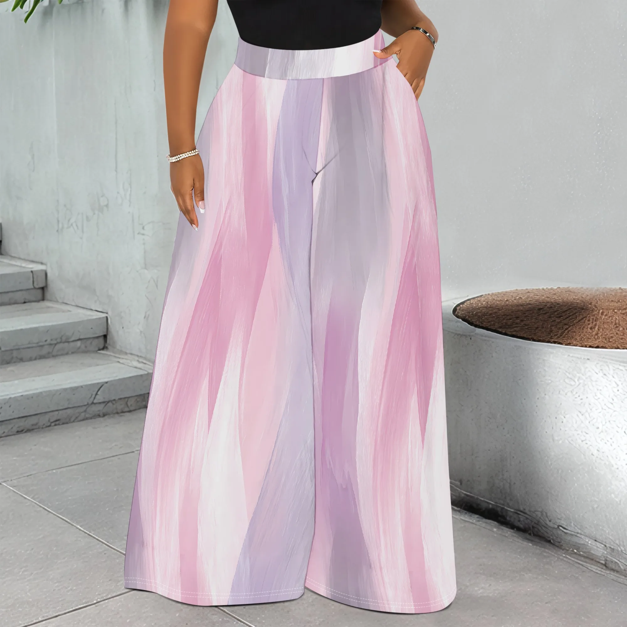 

Abstract Print Wide Leg Pants, Pink Purple Watercolor Pattern, Casual Loose Fit Trousers with Pockets for Women Daily Wear S-3XL