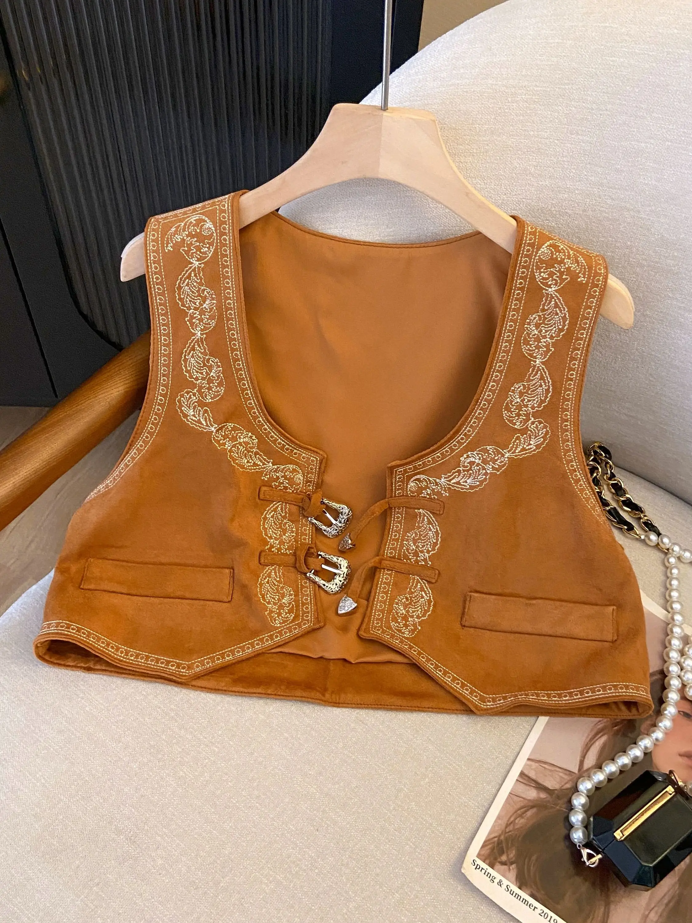 Chaleco Retro de Ante Bordado para Mujer, Top Corto Estilo Vaquero del Oeste, Atuendo Étnico para Viajes en el Desierto, Chaqueta de Montar a Caballo