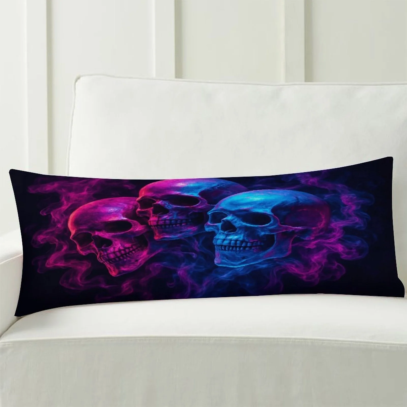 Glowing Skulls Smoke Themed Body Pillow Cover, Fashionable Plush Long Bed Pillowcase, Soft Decorative Double-sided Printed Large