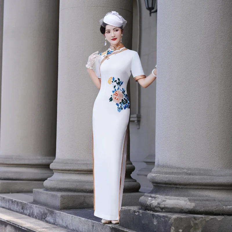 

Embroidery Qipao Long Dress Short Sleeve Traditional Chinese Cheongsam Evening Wedding Birthday Party Elegant Formal Gown