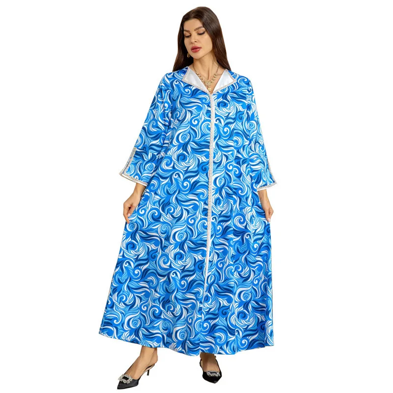 AB371 Ropa Vestido de mujer musulmana Vestido de diamantes estampado en caliente azul y blanco indonesio