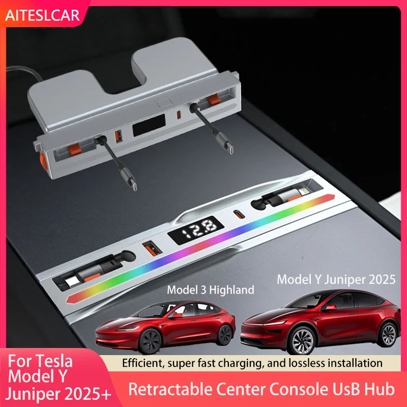 

For Tesla Model Y Juniper 2025 Retractable Center Console USB Hub Model 3 Highland Phone Charger Fast Charging Docking Station