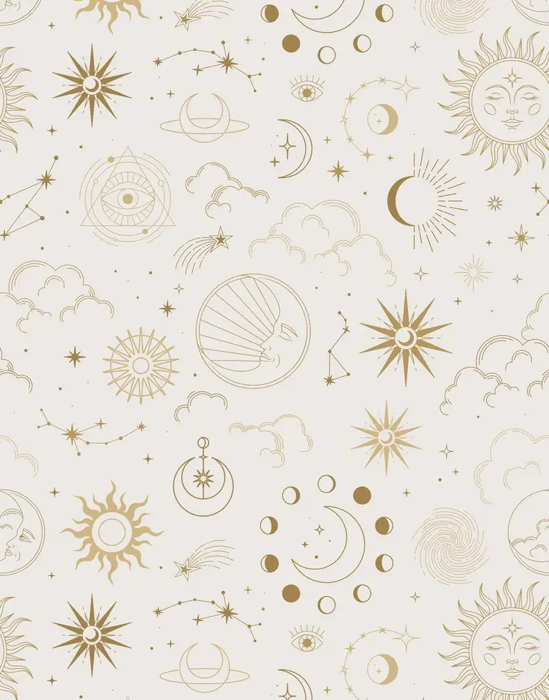 Stars Wallpaper | Moon & Stars Design | Celestial Occult Wallpaper With Moons, Stars, Clouds and More. Available In Beige, Purpl