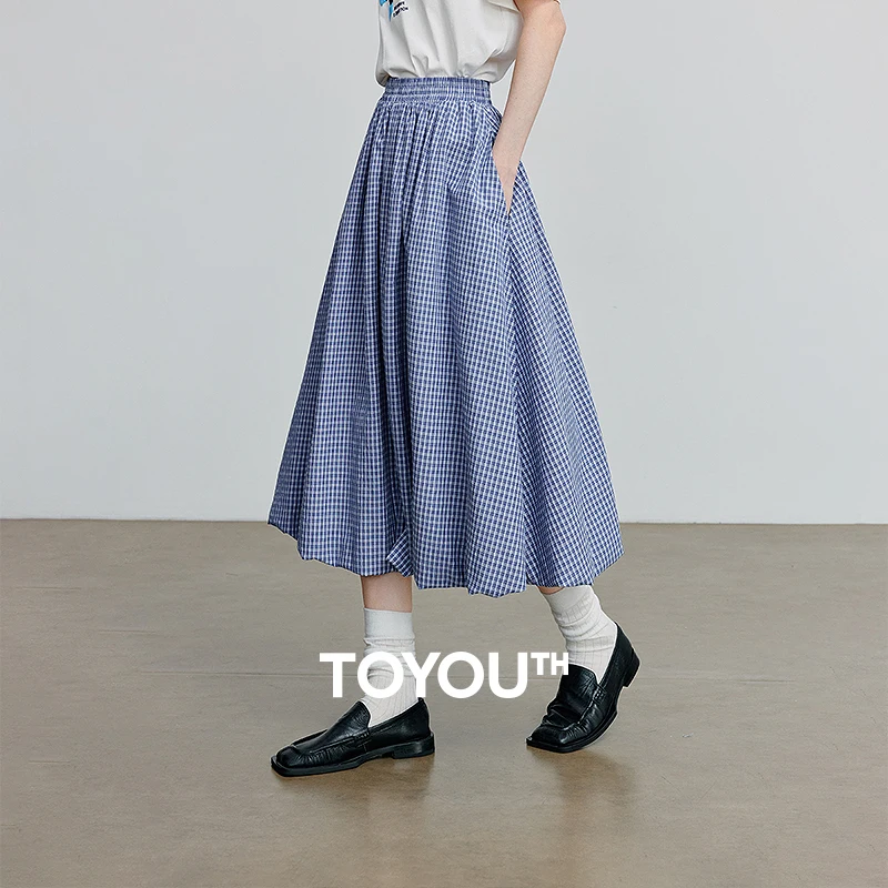 

TOYOUTH Women Skirt 2025 Summer New Summer New Vintage Plaid Elastic Waist Elegant Floral Bud Ankle Length Skirt 8520098