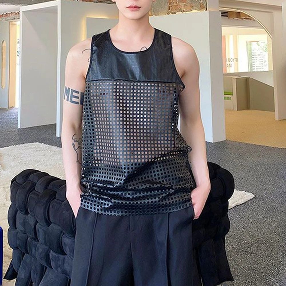 Mens Pu Leather Hollow Mesh Patchwork Casual Vest Streetwear Fashion Outdoor Breathable Niche Tank Top Men'S Clothing 2026 New