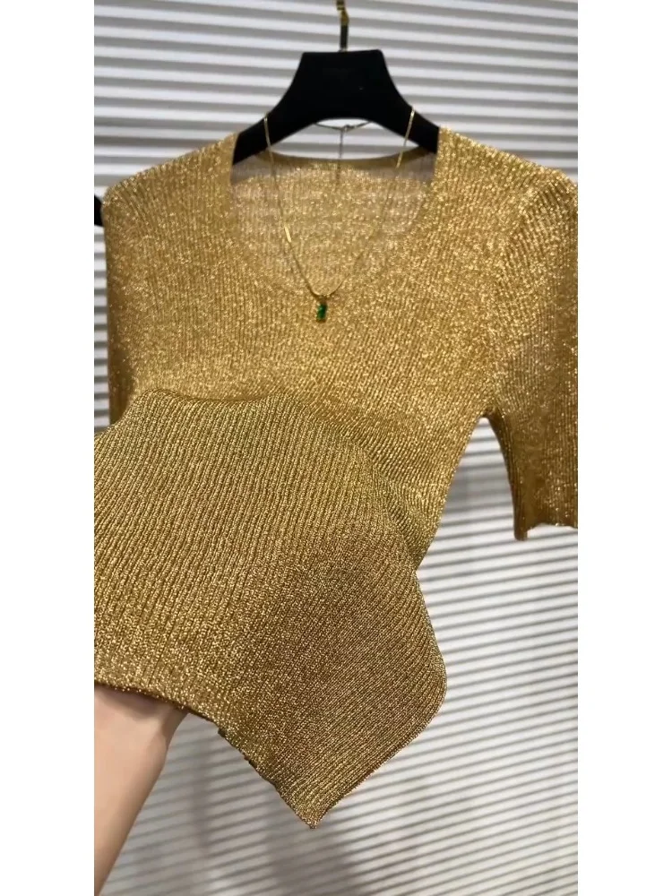 

Золотистая женская футболка с коротким рукавом, летняя новинка 2025, шикарный облегающий топ из ледяного шелка, вязаный, JJ112