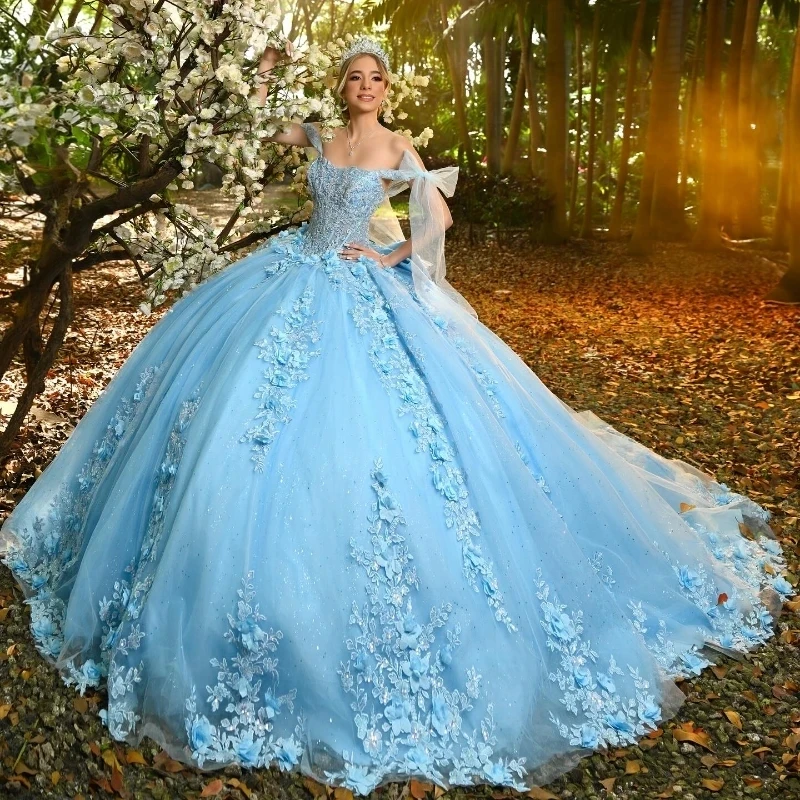 

Sky Blue Shiny Princess Lace 3D Florals Quinceanera Dress for Girls Sweep Train Off Shoulder Formal Dress vestidos 15 De Ball