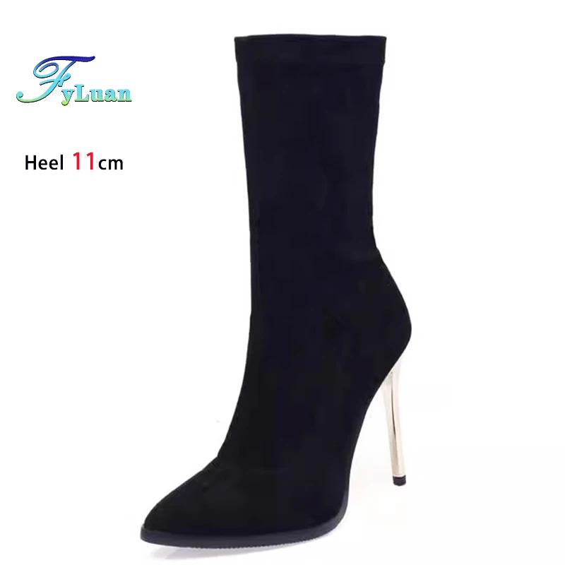 

Эластичные короткие ботинки из лакированной кожи с острым носком для женщин, туфли на шпильке 11 см, большие размеры 44 45 46, весенне-осенняя обувь, женские ботильоны