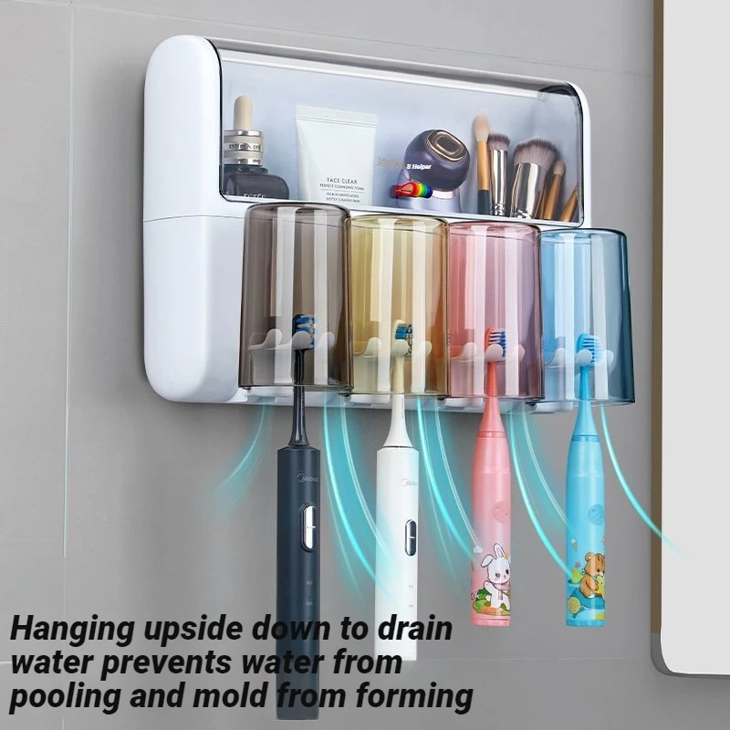 JOYBOS Automatic Toothpaste Dispenser Wall Mount Toothbrush Holder Bathroom Family Set 3&4 Cups Dust Proof Organizer No Drill