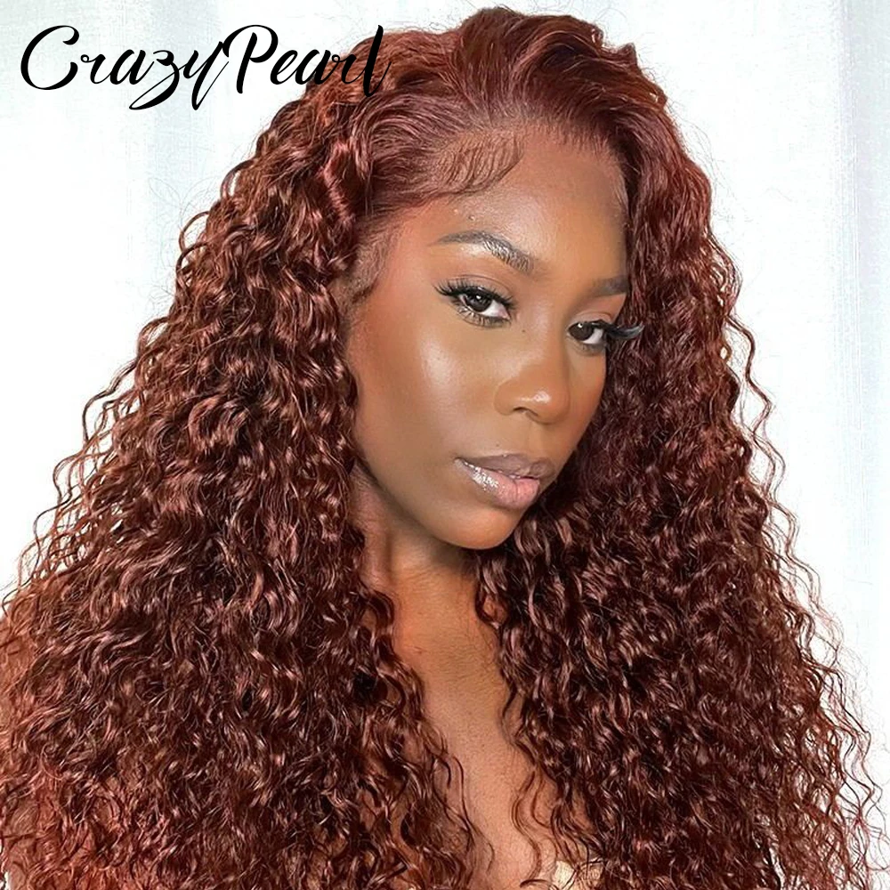 

Reddish Brown Lace Front Wias Human Hair 30 Inch Reddish Brown Curly Lace Front Wig 180 Density 33# Deep Wave 13x6 HD Lace Front