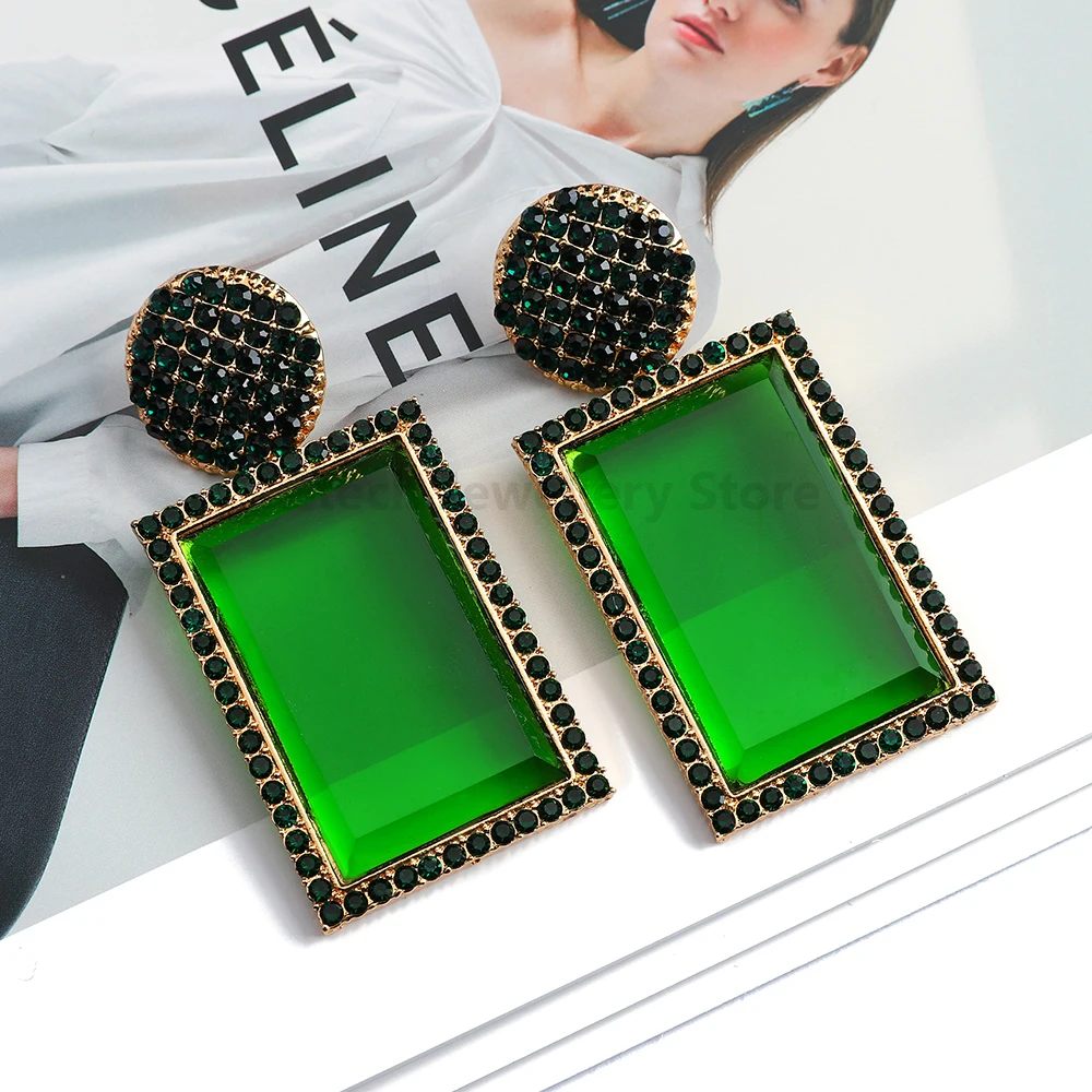 Luxury Rectangle Colorful Clear Glass Decor Dangle Drop Earrings For Women Sexy Elegant Popular Ear Accessories Charm Jewelry