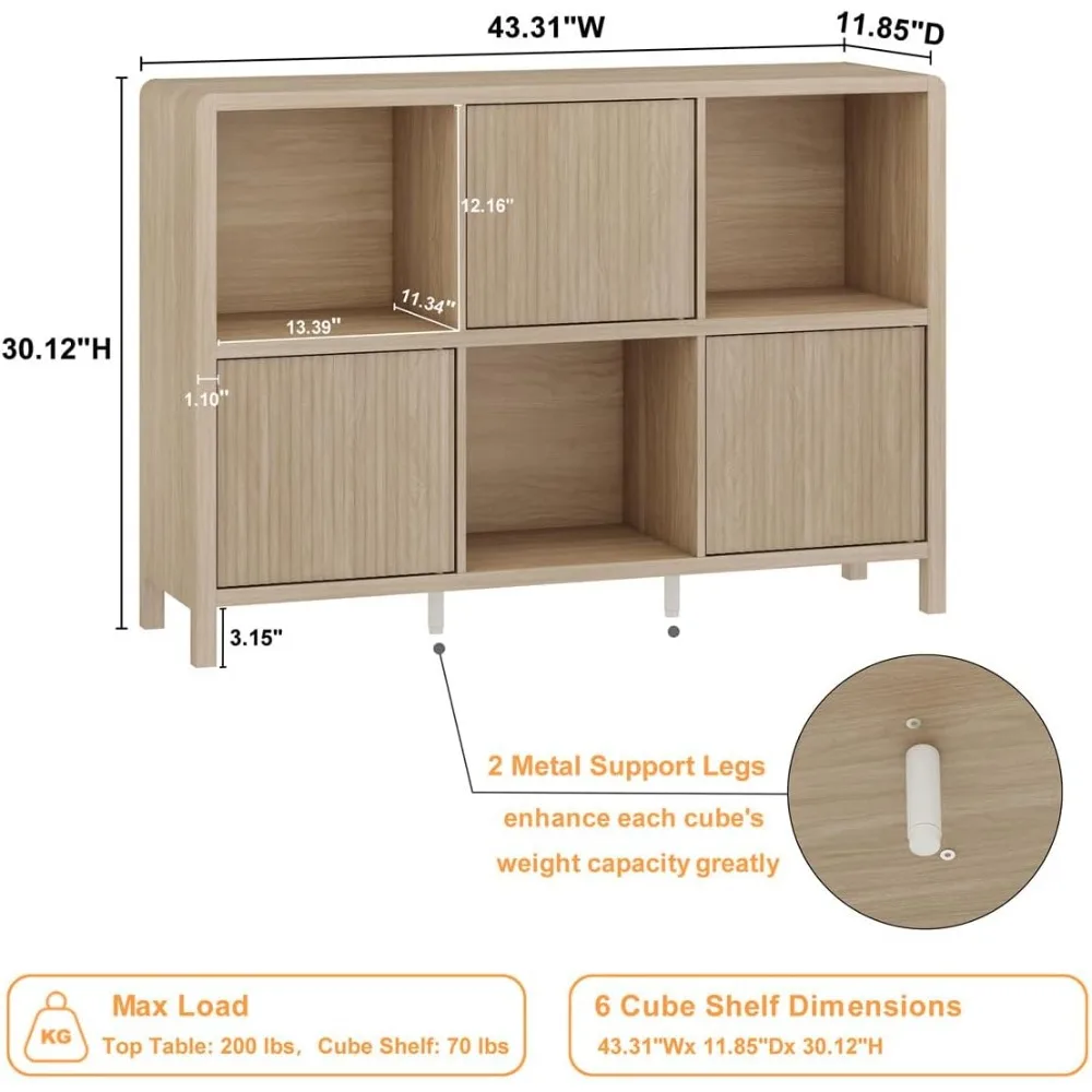 رف كتب خشبي أفقي حديث مع 3 أبواب، خزانة كتب حجيرة للتخزين للمكتب المنزلي، لون فاتح