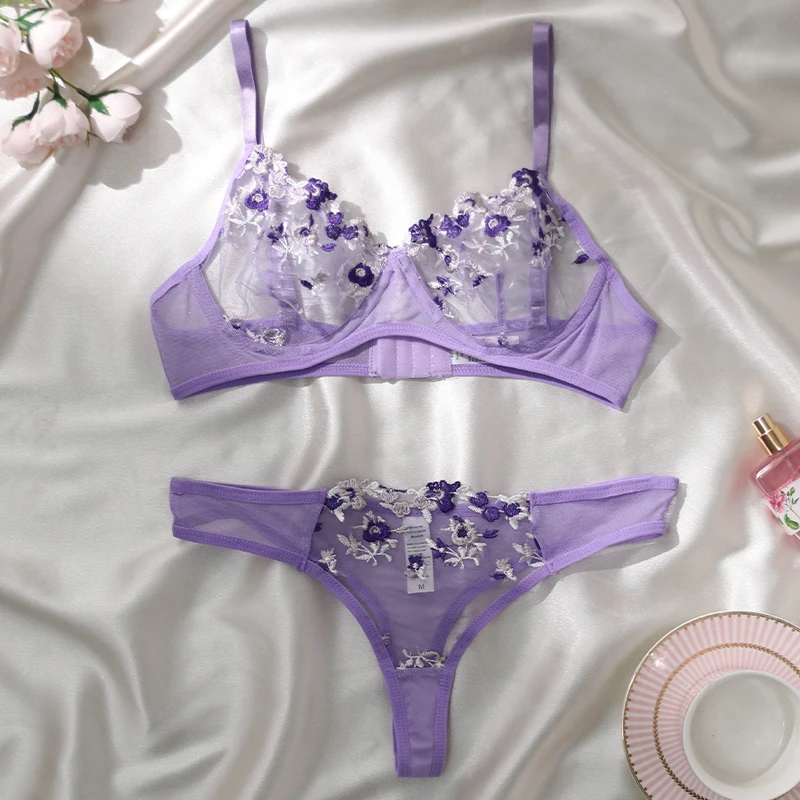 

Transparent Lace Bra Women Sheer Temptation Exotic Sexy Lingerie Set Ladies Floral Embroidery Purple Underwear Bras And Briefs