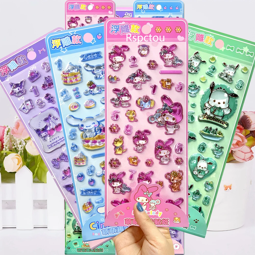 

4pcs Cute Kuromi My Melody Cinnamoroll 3D Relief Crystal Stickers Handmade DIY Phone Decoration Decals Kawaii Sanrio Reward Gift