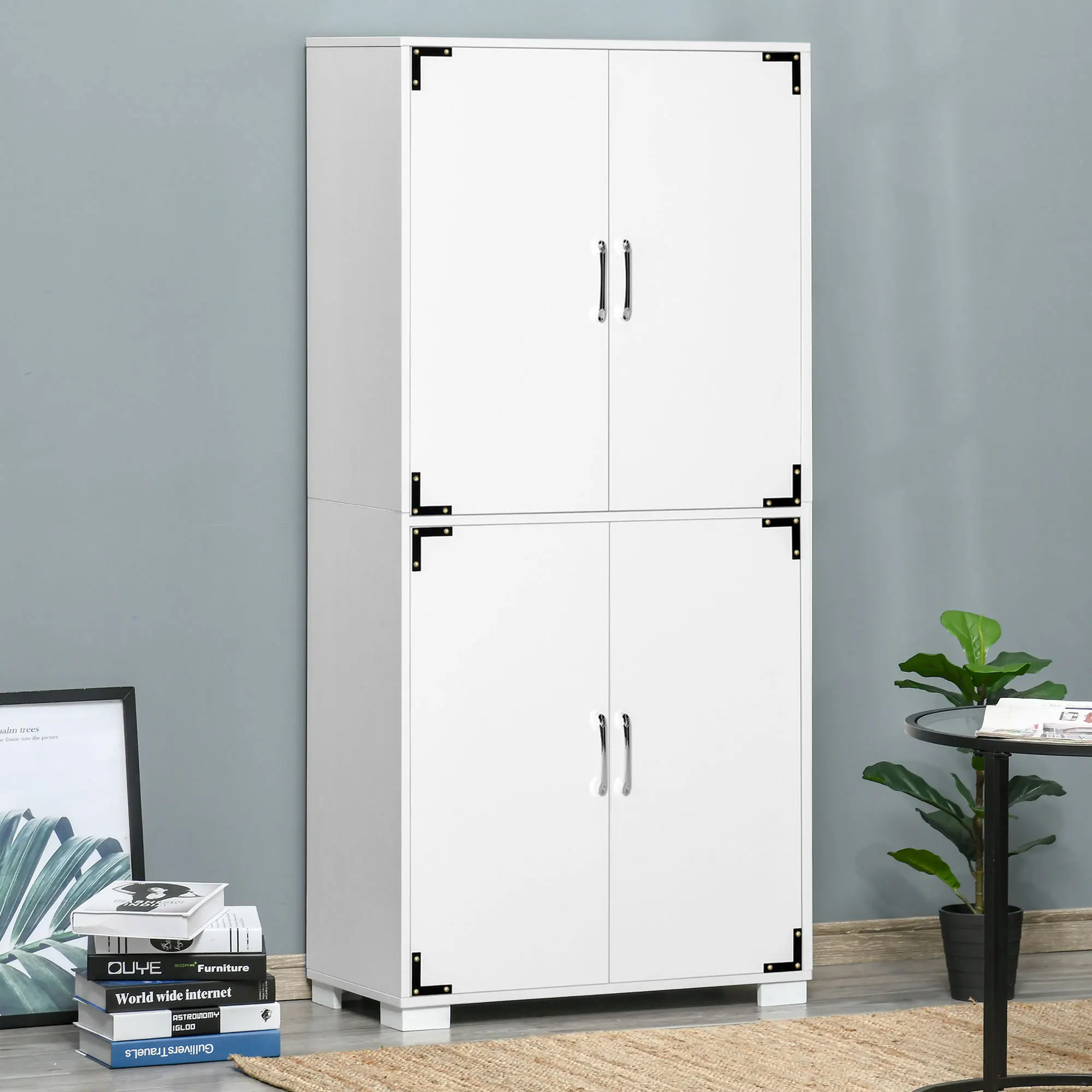

The white cabinet with four doors is suitable for use in offices, living rooms, and studies.