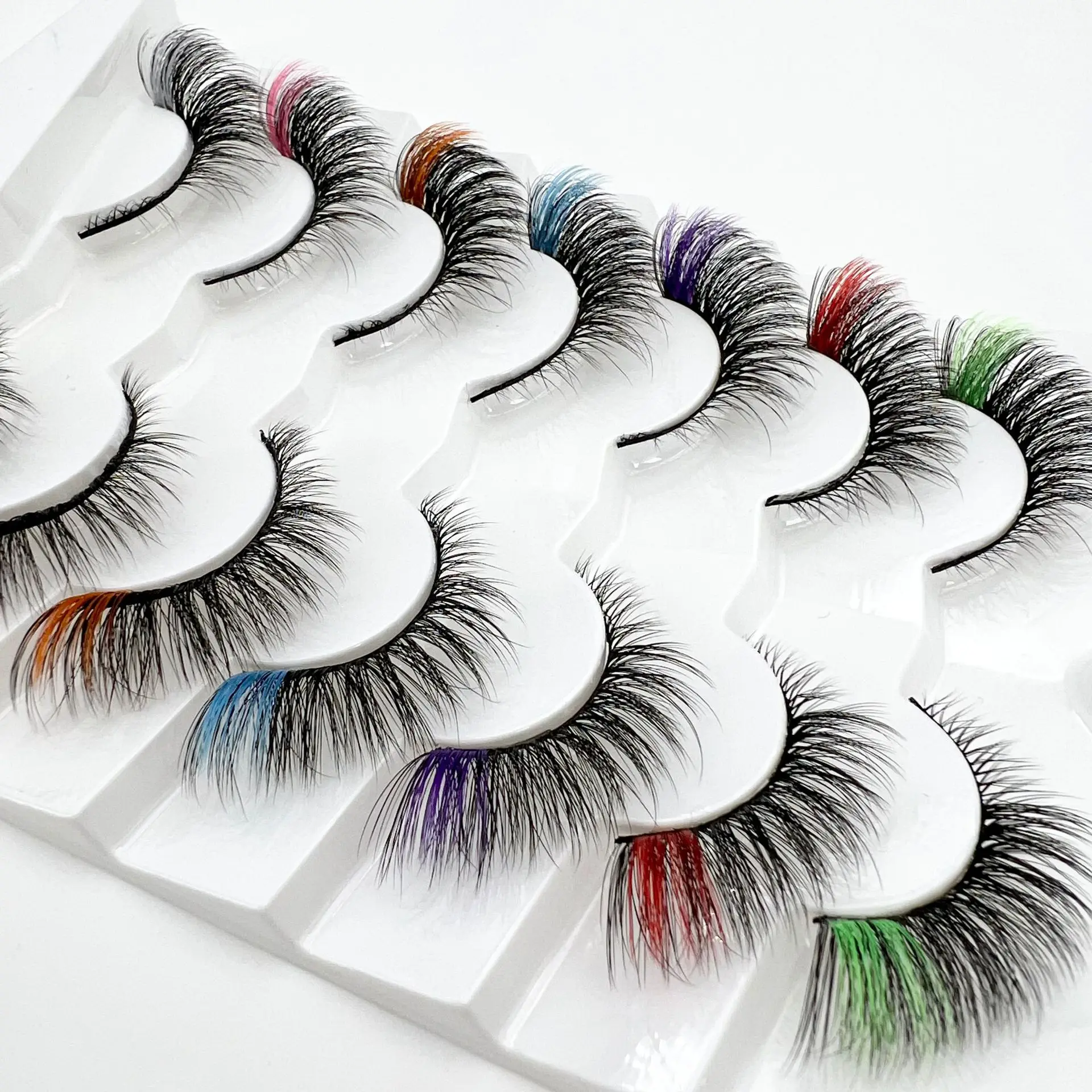 Colorful Fake Eyelash European American Synthetic Fiber 7pairs Cat Eye Thick Winged Eyelashes Bulk