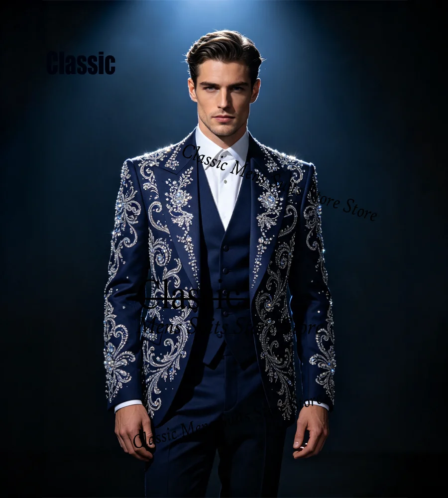 Customized Gem Diamond Men Suit Intricate Rhinestone Jewelry Evening Tuxedo Slim Simple hombre 3 Pieces Set Groom Male Blazer