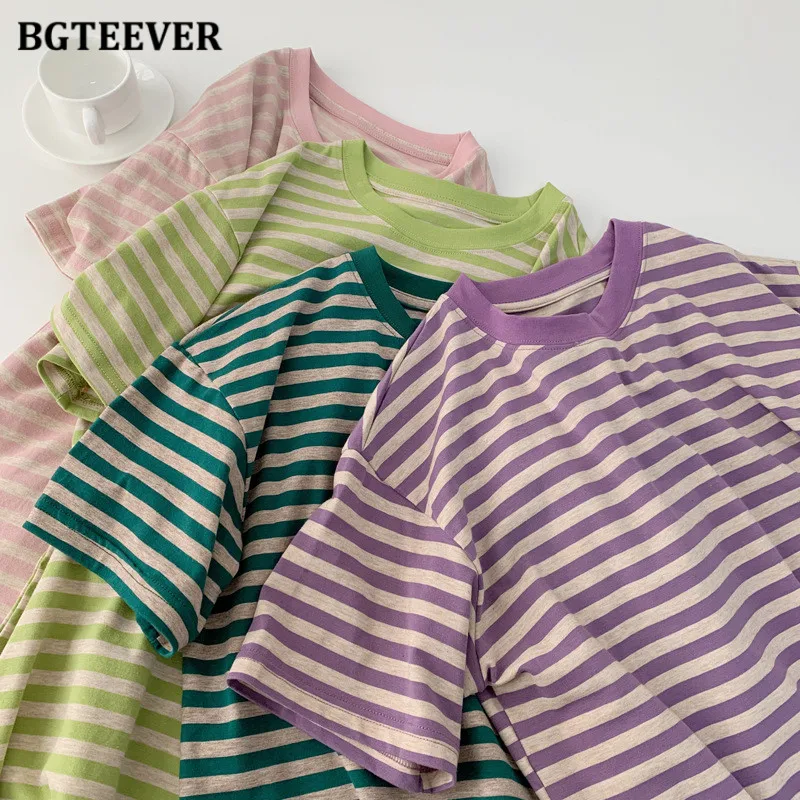 BGTEEVER Stylish Basic Striped T-shirts for Women O-neck Short Sleeve Loose Female Cotton Tees Summer Casual Ladies Tops