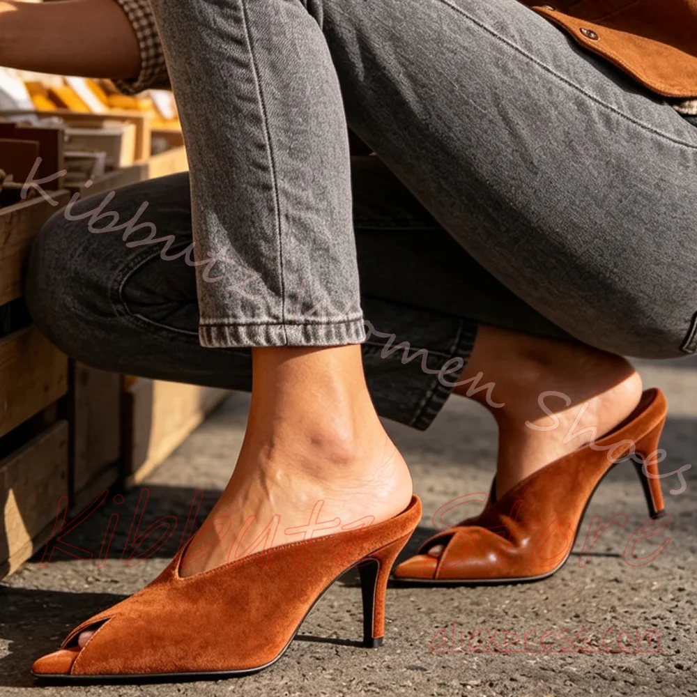 Split Toe Mule Slippers Velvet Leather Women Pointed Toe Stiletto Heel Backless Slip On Dress Dating Fashion Shoes Elegant New