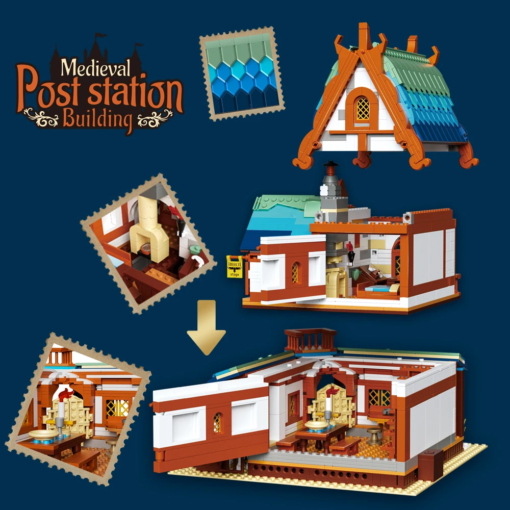 Estação postal medieval castelo cenário arquitetônico bloco de construção idade média urbano vista rua decoração micro tijolos brinquedos presente do miúdo