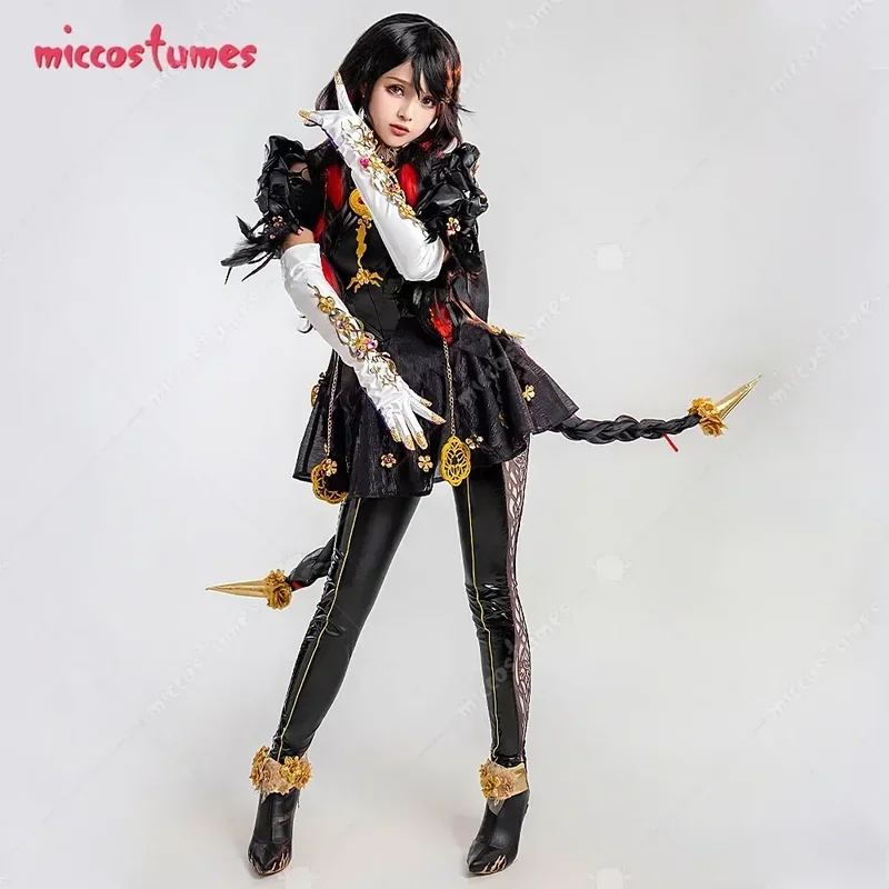 Miccostumes Disfraz de cosplay para mujer Vestido sin espalda con leggings y guantes