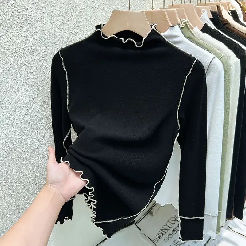 100kg Autumn Winter New Half-high Neck Velvet Undershirts Slim Fit Sweet Girls T-shirt Fashion Tops Oversized Women's Clothing