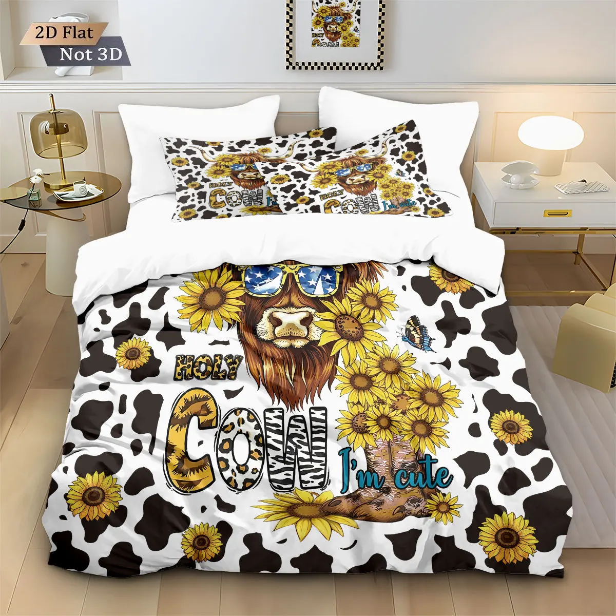 Highland Cattle Flower Bedding Set 3D Print Brushed Duvet Cover for Student Dormitory, 1 Duvet Cover and 2pillowcase with Zipper