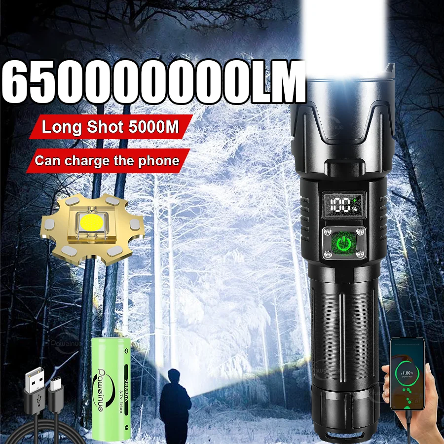 

650000000LM Самые мощные светодиодные фонарики дальнего действия 5000 м Ультра яркий фонарь с перезаряжаемым зумом Фонарик для кемпинга