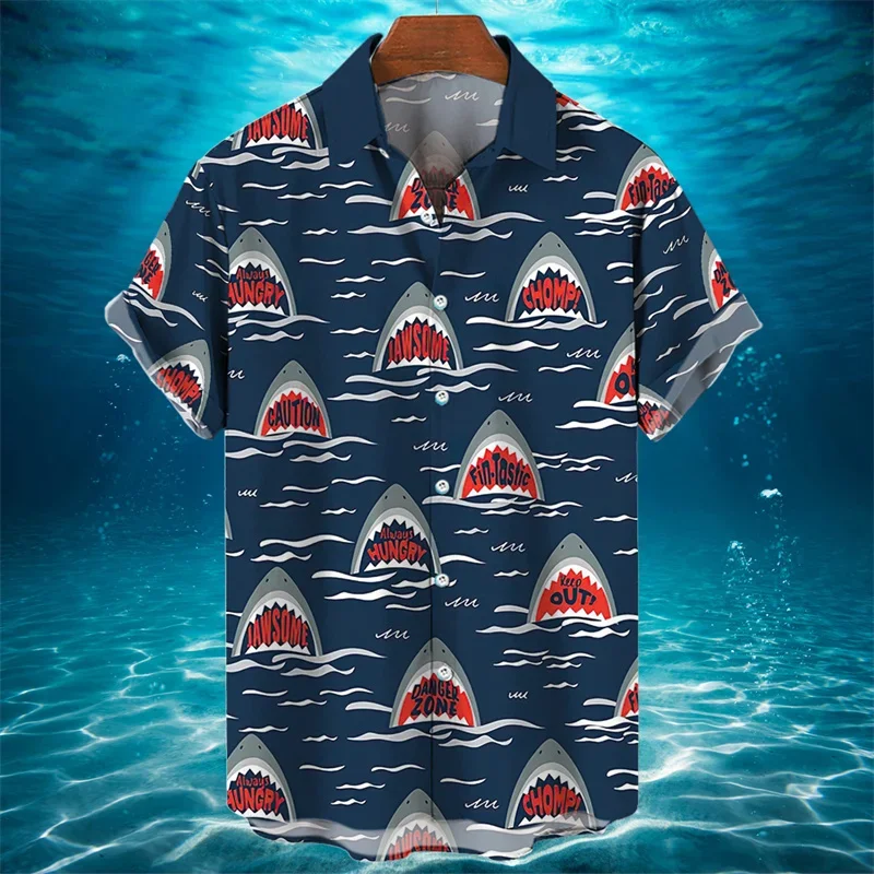 3D Animal Shark Print Hawaiian Shirt Men's Summer Casual Shirt Fashion Short Sleeved Sea World Loose Street Blouse Clothes
