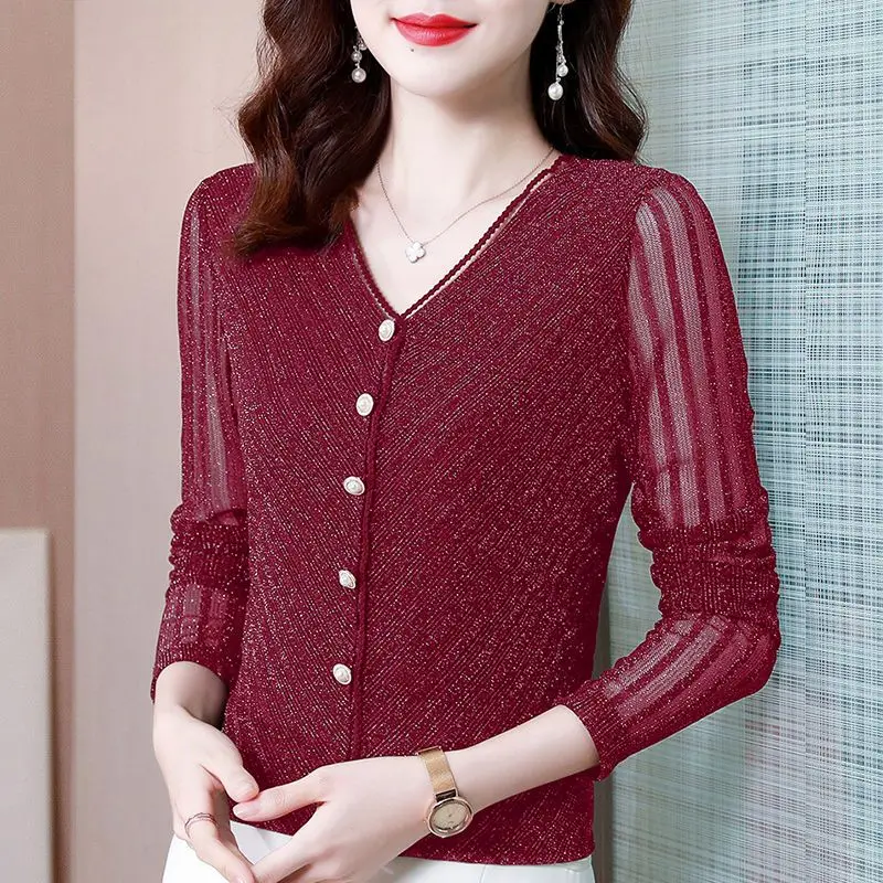 Chemise en Gaze Épissée pour Femme, Vêtement Élégant, Col en V, Chic, Bouton Perle, Slim, Solide, Document, Printemps Automne