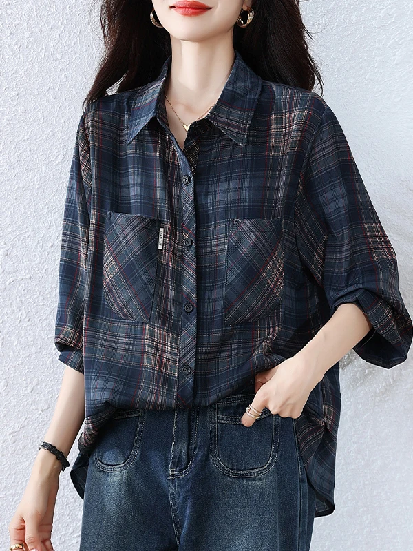 

Trendy Ladies Long Sve Collar irt Spring Summer Plaid Versatile Age Reduction Classic Sle Casual Loose Fit
