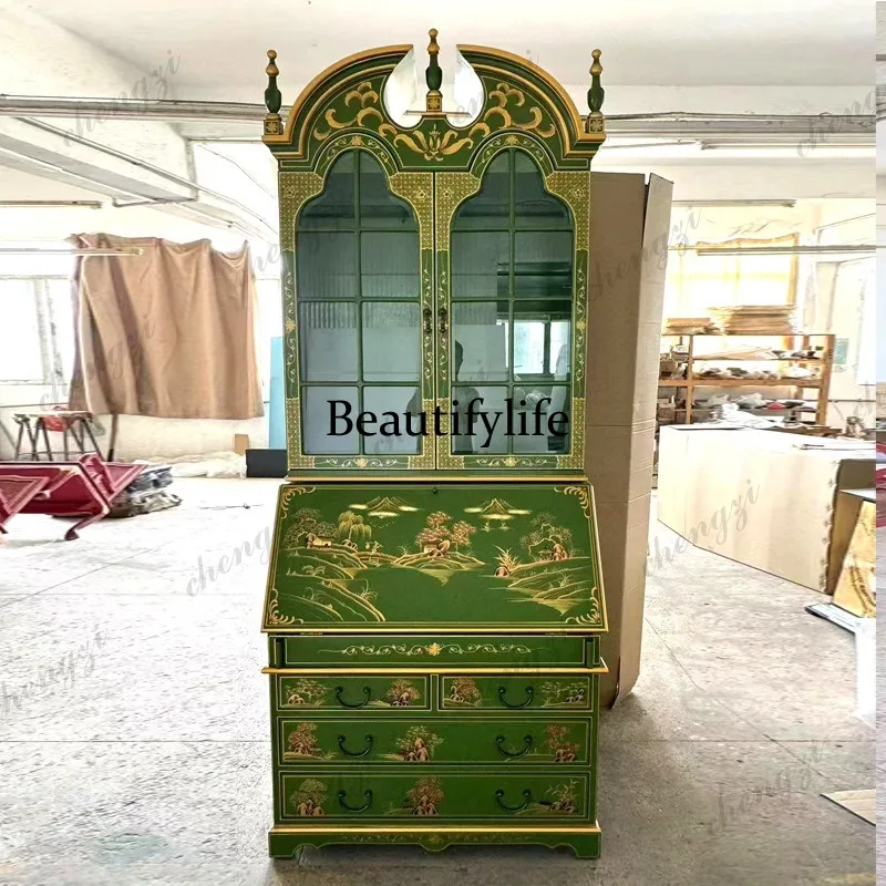 Green glass bookcase bright paint Bogu cabinet high-end display hand-painted whole package