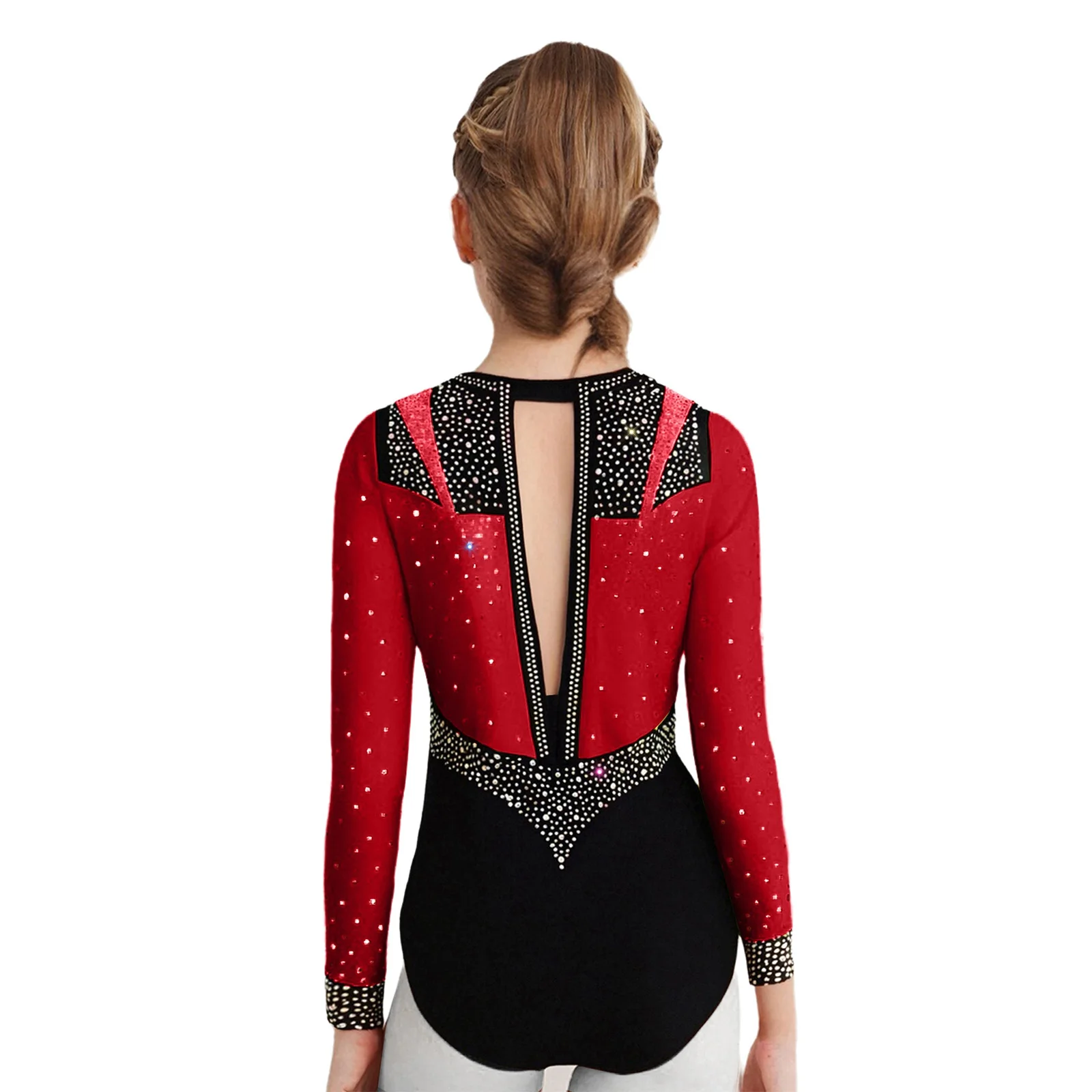 Kinder Mädchen 3-teiliges Gymnastik-Ballett-Tanz-Trikot-Outfit, langärmelig, Schlüsselloch-Rücken, glänzender Patchwork-Trikot + Weste, Top + Leggings-Set