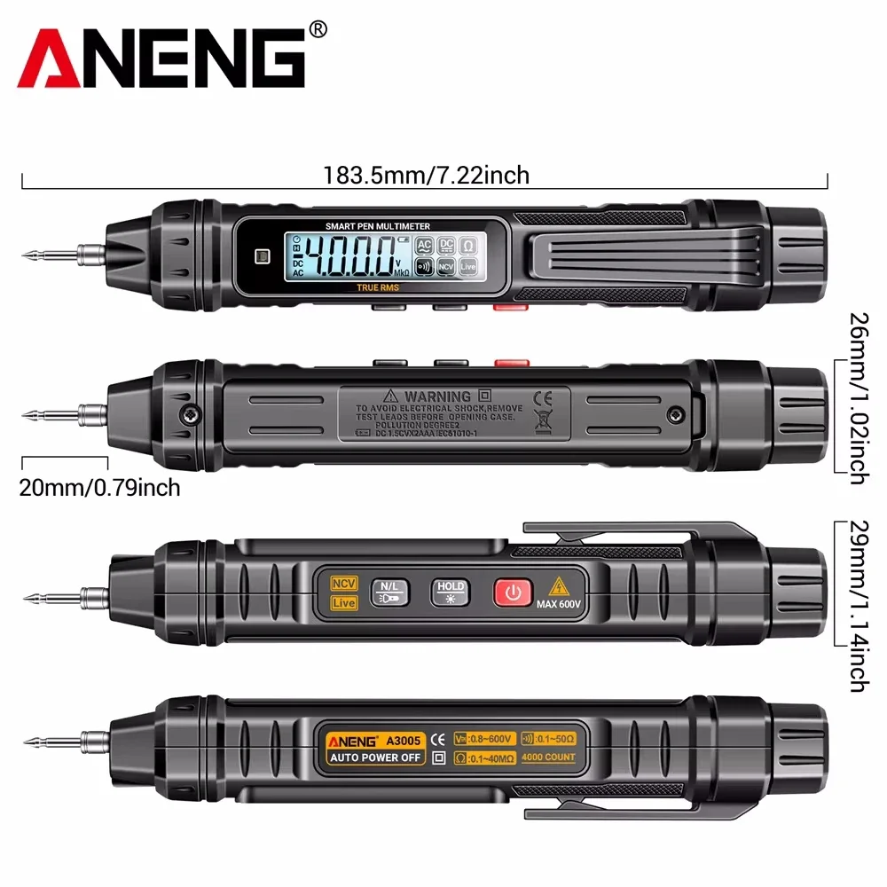 ANENG 디지털 멀티미터 펜 타입 4000 카운트, 전압 저항 커패시턴스 Hz 테스터, 전압 옴 다이오드 NCV 테스터 도구, A3005