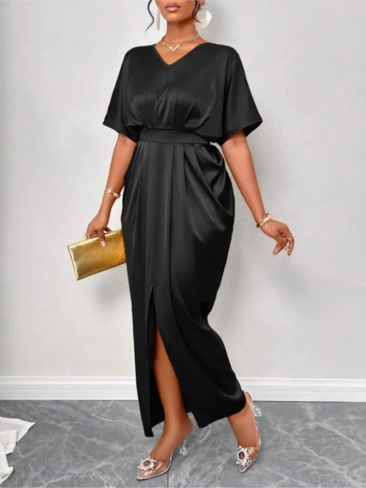 فستان نسائي أنيق من الساتان الصلب مثير بدون ظهر ميدي فستان صيفي بياقة على شكل v وأكمام طويلة فستان نحيف فساتين حفلات الشاطئ غير رسمية #3