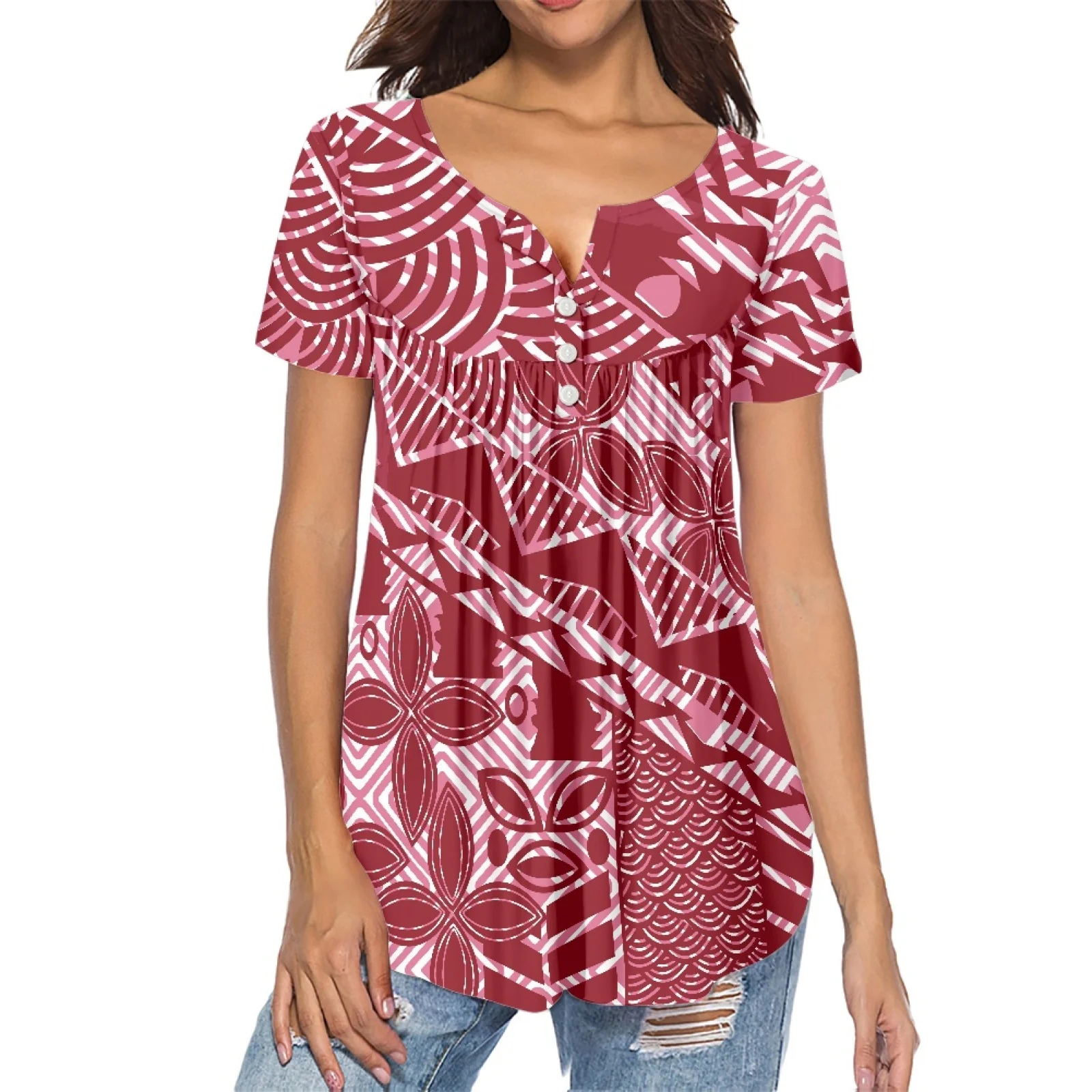 

Best Selling Polynesian Island Design Pleated Buckle Lady Top Breathable Sexy and Charming Summer Short-Sleeve Tie